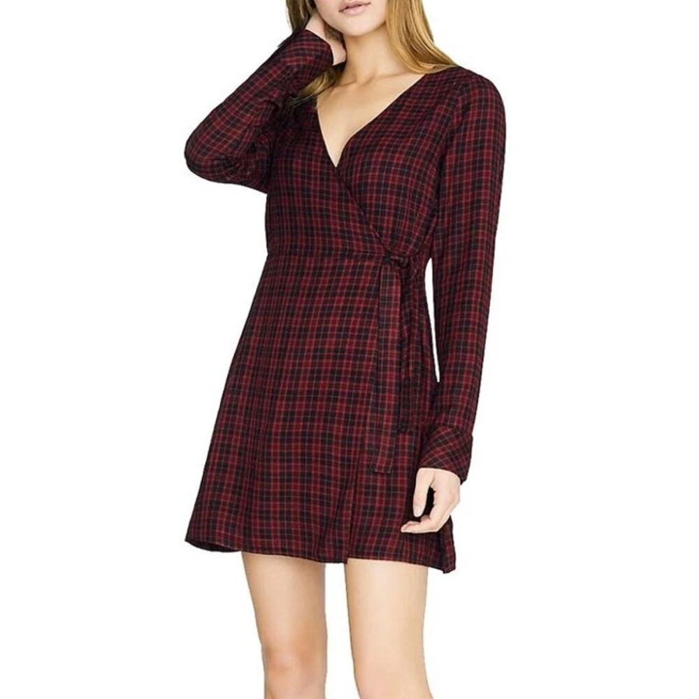 NWT Sanctuary Anthropologie Red Black Plaid Wrap Long Sleeve Dress Sz 10 - Picture 2 of 16